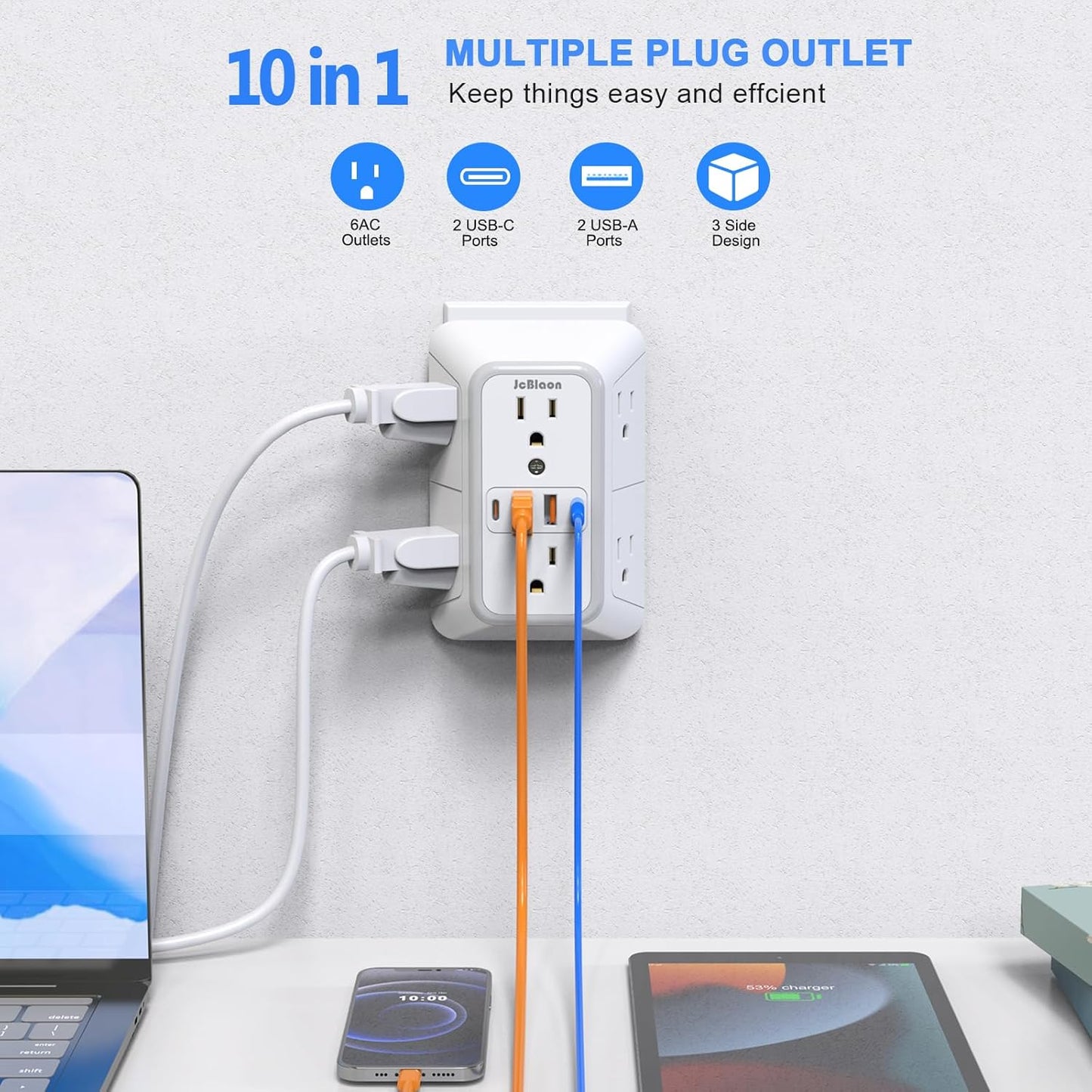 3 Pack Surge Protector Outlet Extender, 6 Outlet Splitter with 4 USB Ports (2 USB C), Multi Plug Wall Outlet 1050J Power Strip, USB Wall Charger for Home Office Kitchen Travel