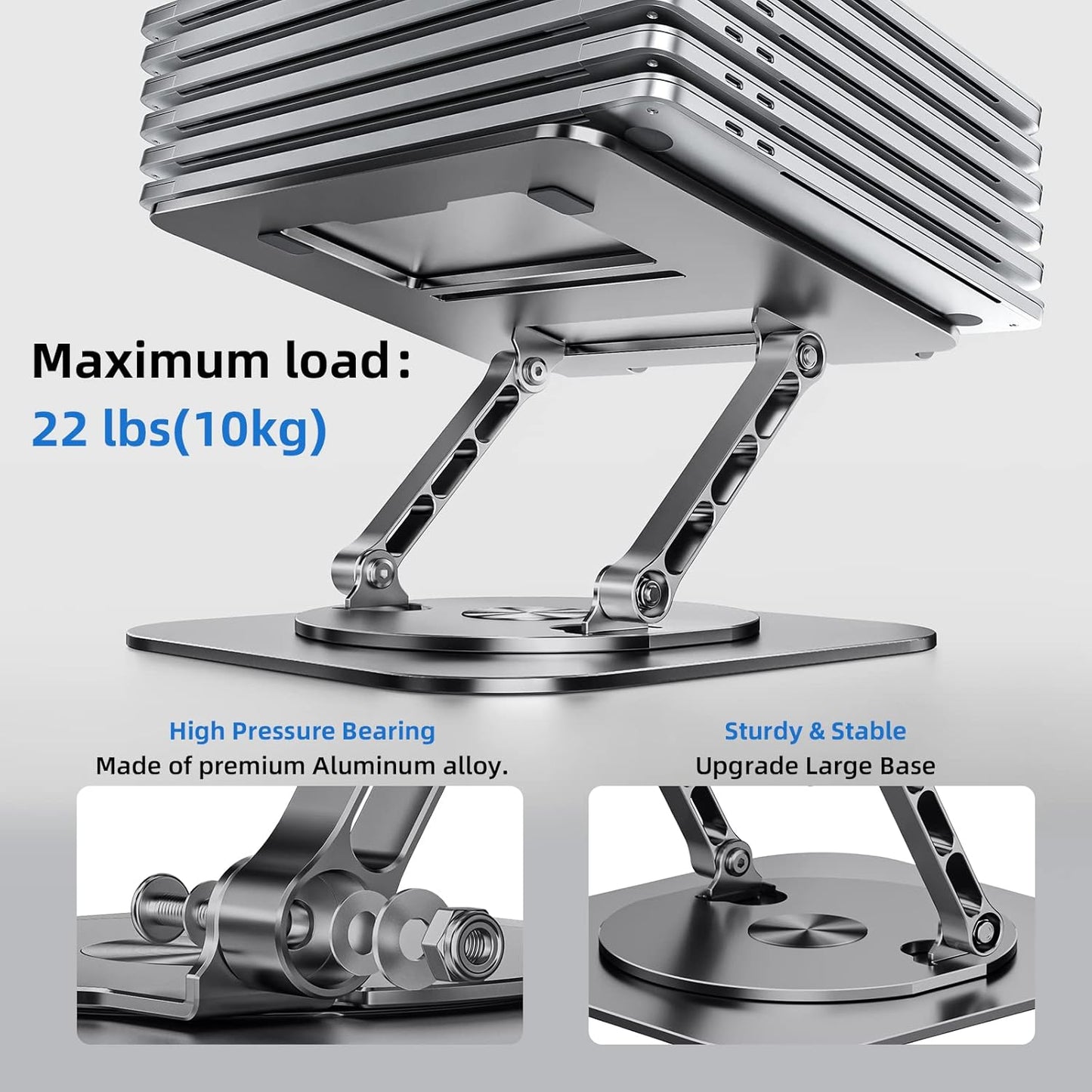 Laptop Stand for Desk, Ergonomic Laptop Riser with 360° Rotating Base, Aluminum Laptop Stand, Adjustable Foldable Laptop Holder Compatible with MacBook Air Pro, Dell XPS, 10-17" Laptops, Grey