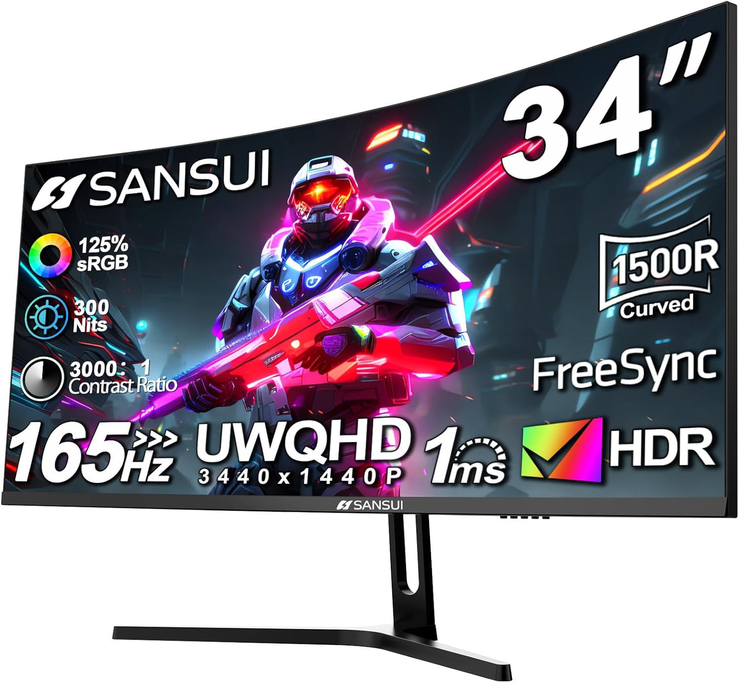 SANSUI 34-Inch Curved Gaming Monitor UWQHD 3440 x 1440 165Hz Curved 1500R - PIP/PBP, 1ms(MPRT), HDR, 300nits, sRGB 125%, DCI-P3 95%,FreeSync,HDMI x2,DP1.4 x2 (ES-G34C5 DP Cable Included)