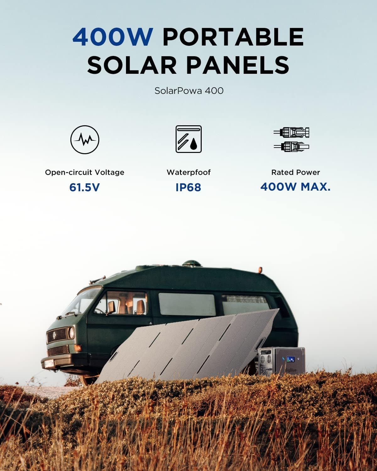 ETFE Solar Panels 400 Watts, BigBlue SolarPowa 400 Portable Solar Charger with Kickstands and MC-4(51.3V/7.8A), IP68 Waterproof, Charge Fast Cellpowa 2500 Power Station for Camping, RV Off Grid System