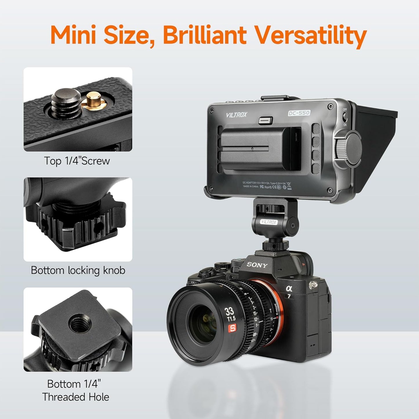 Adjustable Gimbal Monitor Cold Shoe Adapter, Metal Field Monitor Mount Holder, 360 Degree Swivel and Tilt Adjustable Monitor Mount Bracket with Cold Shoe Mount, Locating Pin Design Cold Hot Adapter