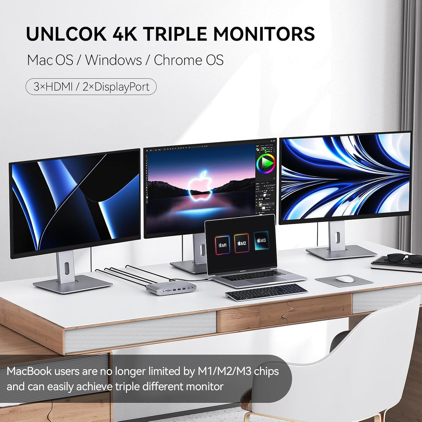 Minisopuru Upgrade DisplayLink Docking Station Triple Monitor with 140W Power Adapter,45W Charging,Docking Station for MacBook M4/M3/M2/M1/Windows/Thunderbolt 5/4 (3XHDMI,2X DisplayPort,5X USB,TF/SD)