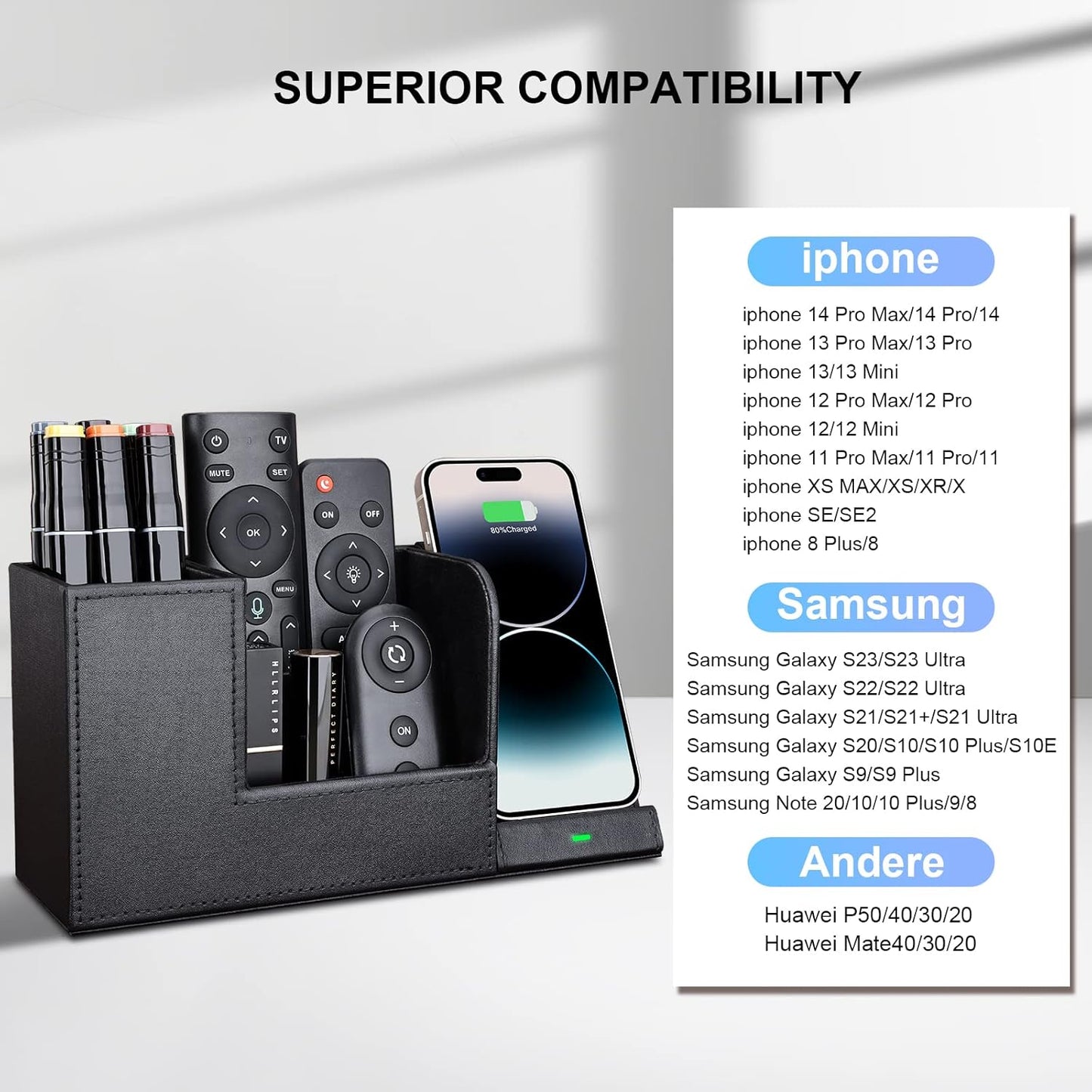 Wireless Charger with Desk Organizer, Wireless Charging Station for iPhone 13/13 Pro Max/13 Pro/12 Series/11/XS Max/XR/X/8Plus/SE 2, Wireless Charging Stand with Leather… (Black L)