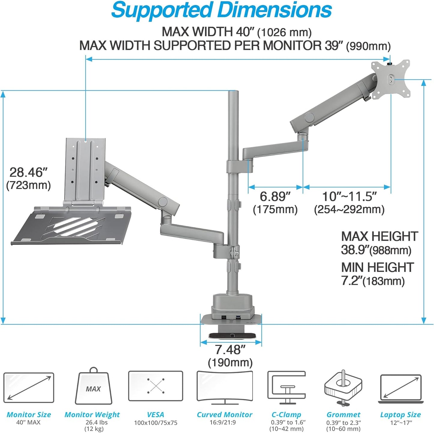 AVLT Laptop & 40 Inch Monitor Arm Pole Top Mount with USB-C USB-A Ports-Gray, VESA Compatible, Supports 26.4 lbs (12 kg), Ultrawide Screen Fit, Adjustable Height, Tilt Swivel Rotate, Cable Management