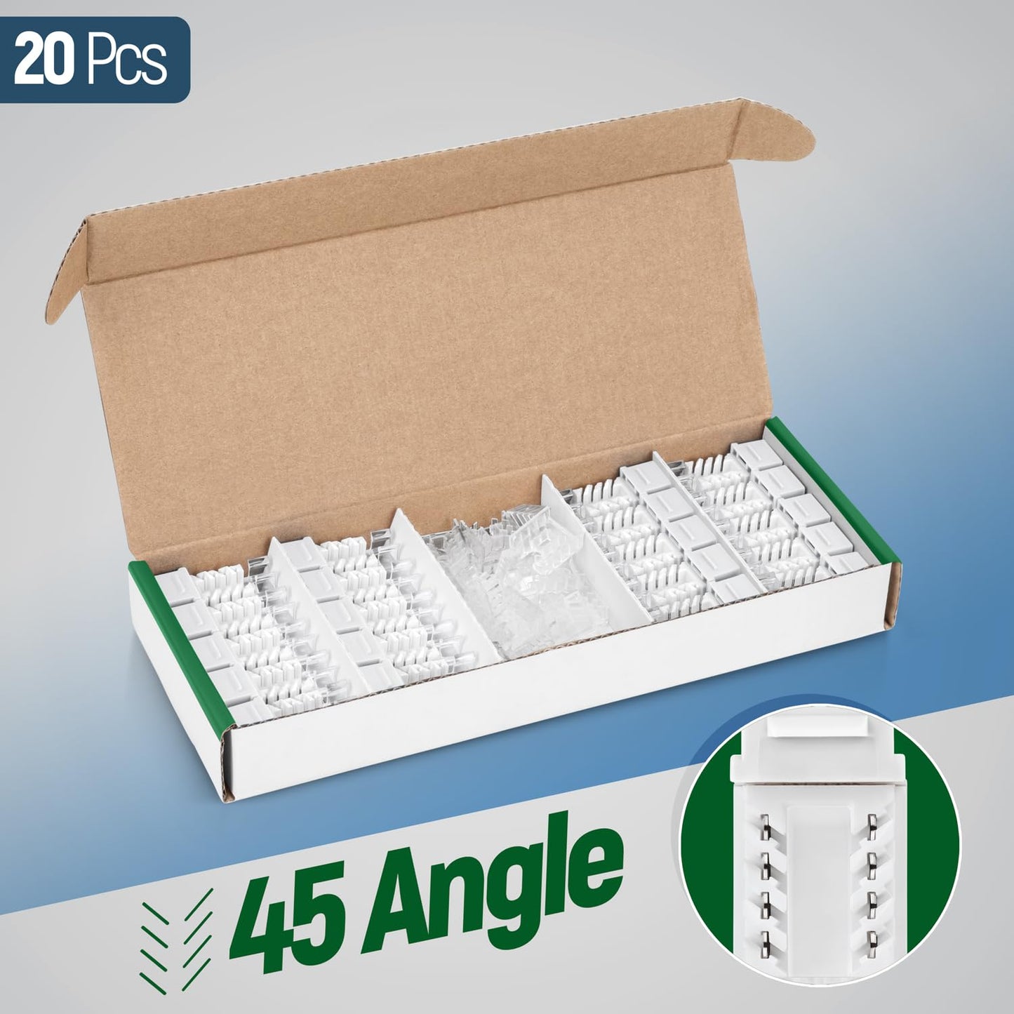 Everest 45° Angled RJ45 Cat6A Keystone Jacks 20-Pack in White - Slim Profile Female RJ45 Connectors - Cat 6A Keystone Jack - Compatible with 45° Angled Speed Termination Tool - 45Term (B0BL3GS7ZY)