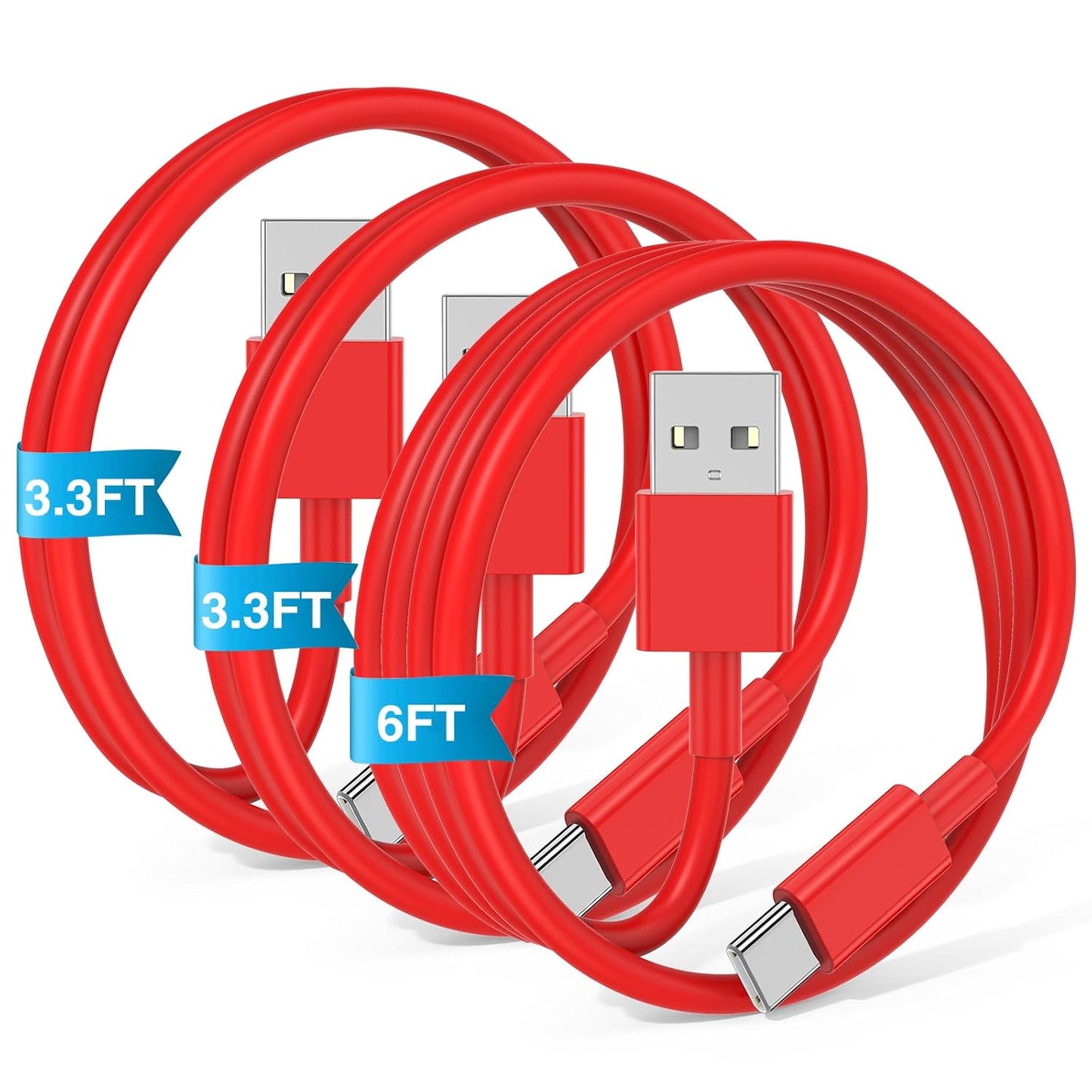 3-Pack Red [3.3FT+3.3FT+6FT] USB A to USB C Cable，USB to USB C Car Carplay Cable for iPhone 16 15 Pro Plus Pro Max，for iPad Pro/Air/Mini，for Samsung S24/S23/S22/S21，for MacBook Pro/Air and More