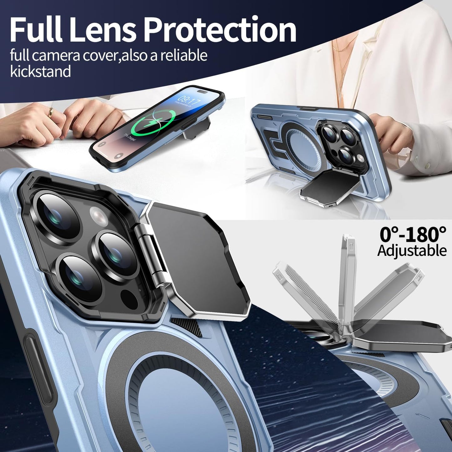 Camera Stand Case for iPhone 14 Pro, [Compatible with MagSafe] [Lens Cover] 2024 Version Military Grade Protective Soft Case for iPhone 14 Pro 6.1 inch Men Women, Blue