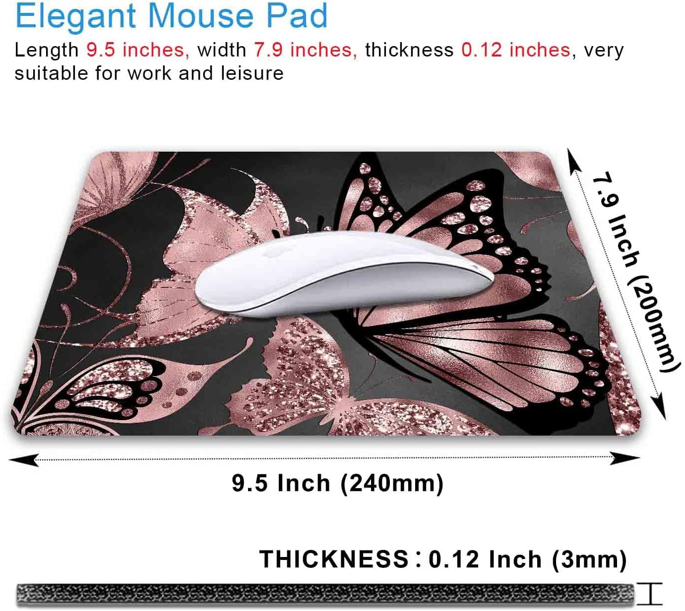 IMAYONDIA Mouse Pad, Rose Gold Butterfly Mouse Pad, Non-Slip Rubber Base Mousepad, Mouse Mat Desk Pad for Work, Game, Office, 9.5 x 7.9 Inch - Beautiful Modern Glitter Foil Design