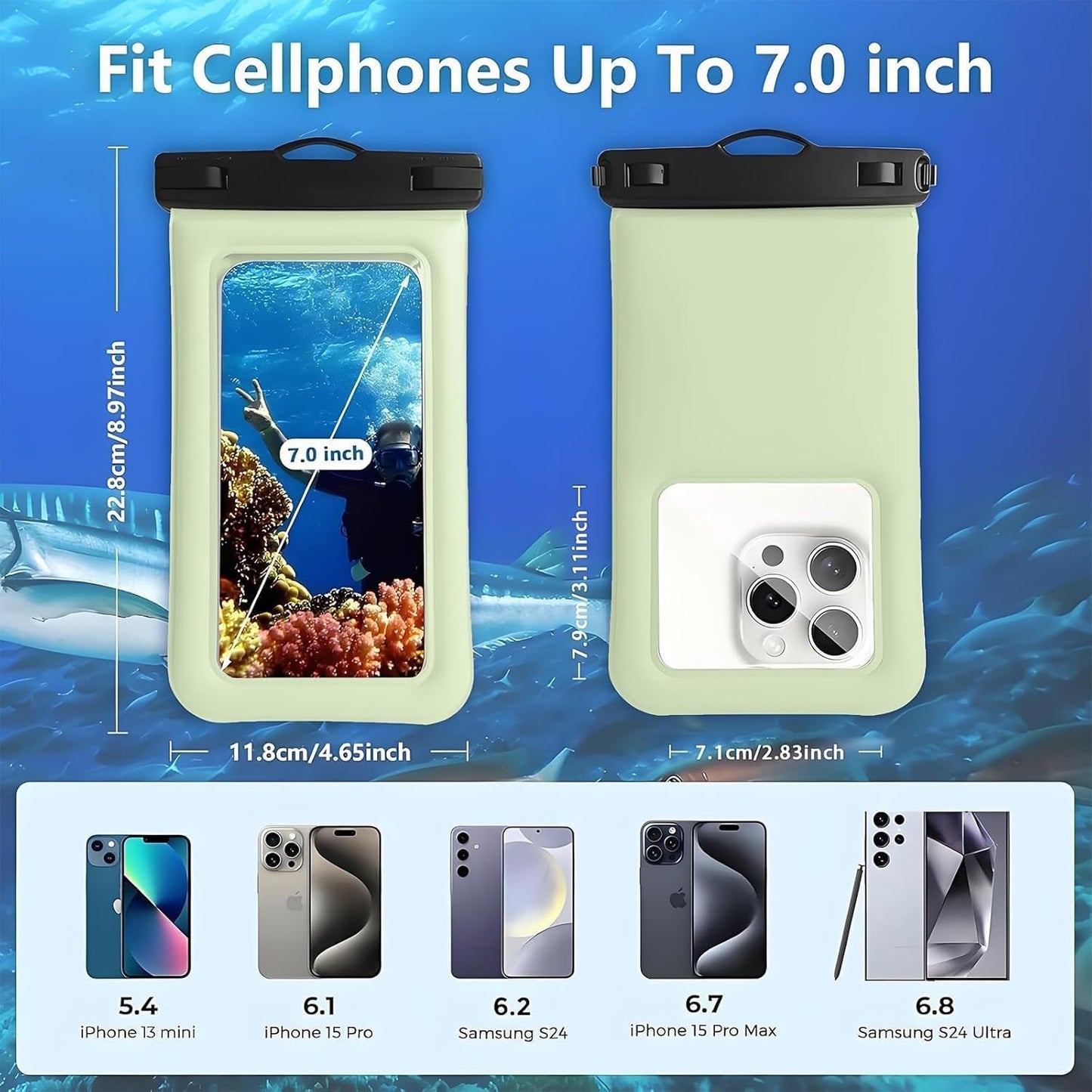 Floatable Soap Bubble Waterproof Phone Pouch/Case with Crossbody Lanyard for iPhone 16 Pro Max/15 Pro/14/13/12, IP68 Cellphone Dry Bag Beach Cruise Ship Essentials, 1 Pack-Mint Green-7″