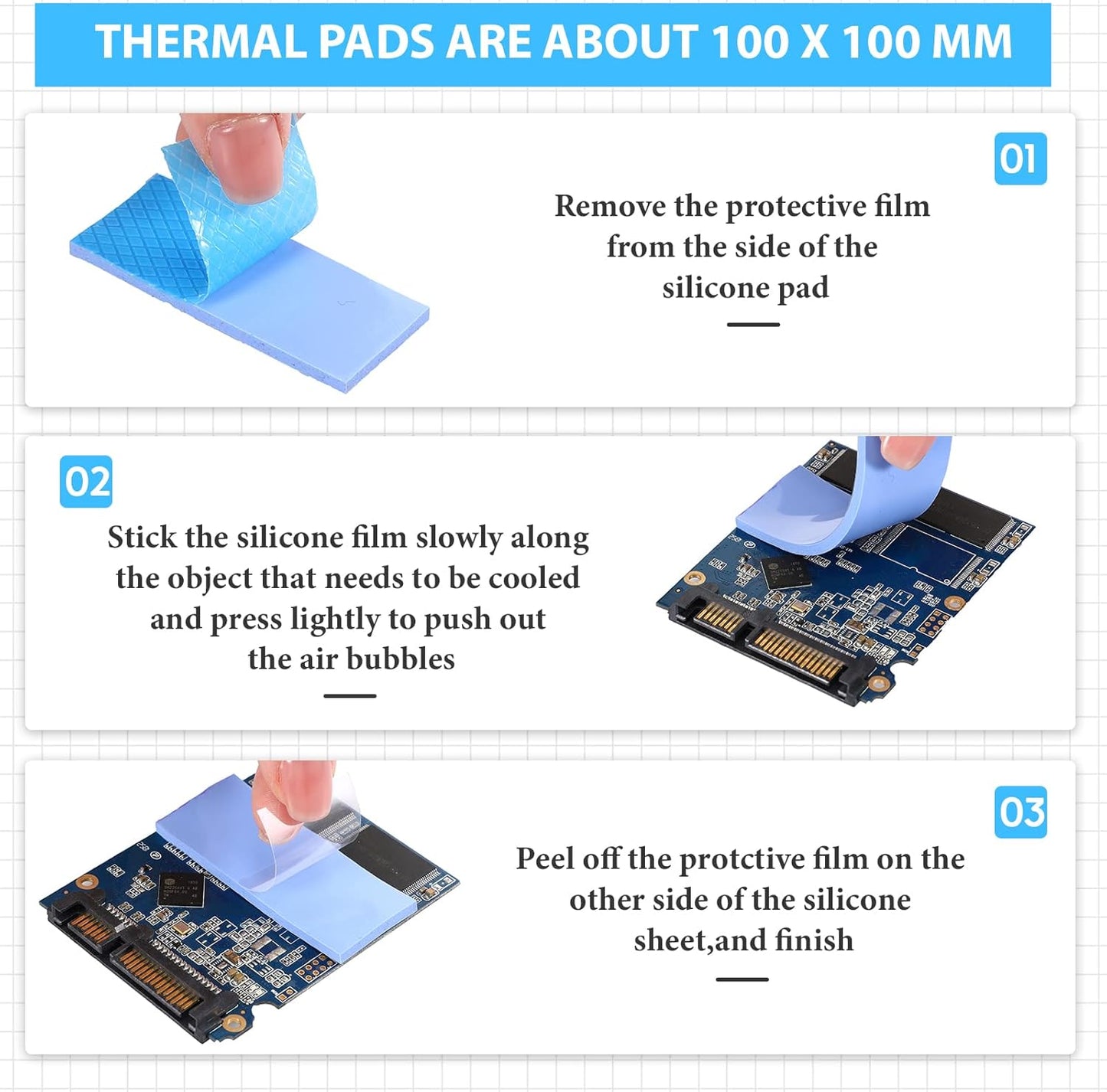 Frienda 6 Pcs Thermal Pad 100 x 100 mm, 0.5 mm, 1 mm, 1.5 mm, 2 mm, 2.5 mm, 3 mm Heat Resistant Conductive Silicone Thermal Pads Conductivity 6.0 W/M for Laptop Heatsink CPU GPU LED Cooler(Blue)