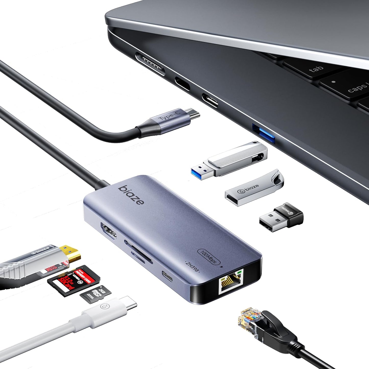 8-in-1 USB C Hub Adapter for MacBook, 4K60Hz HDMI, 100W PD Charging, USB 3.0, USB 2.0 * 2, SD/TF Card Reader, 100M Ethernet, 7 Ports Dongle for MacBook Pro/Air, iPad Pro, iPhone