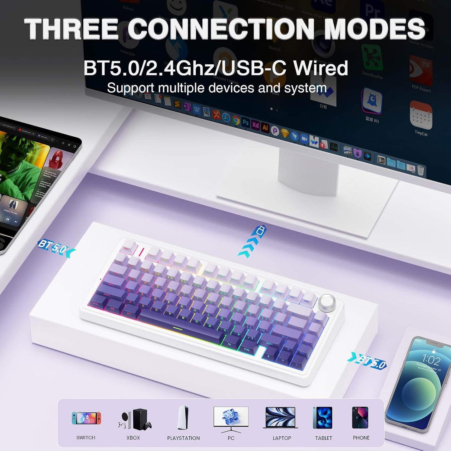 AULA F75 Pro Wireless Mechanical Keyboard,75% Hot Swappable Custom Keyboard,RGB Backlit,Pre-lubed Linear Switches,Side Printed PBT Keycaps Mechanical Gaming Keyboards,Gradient Purple