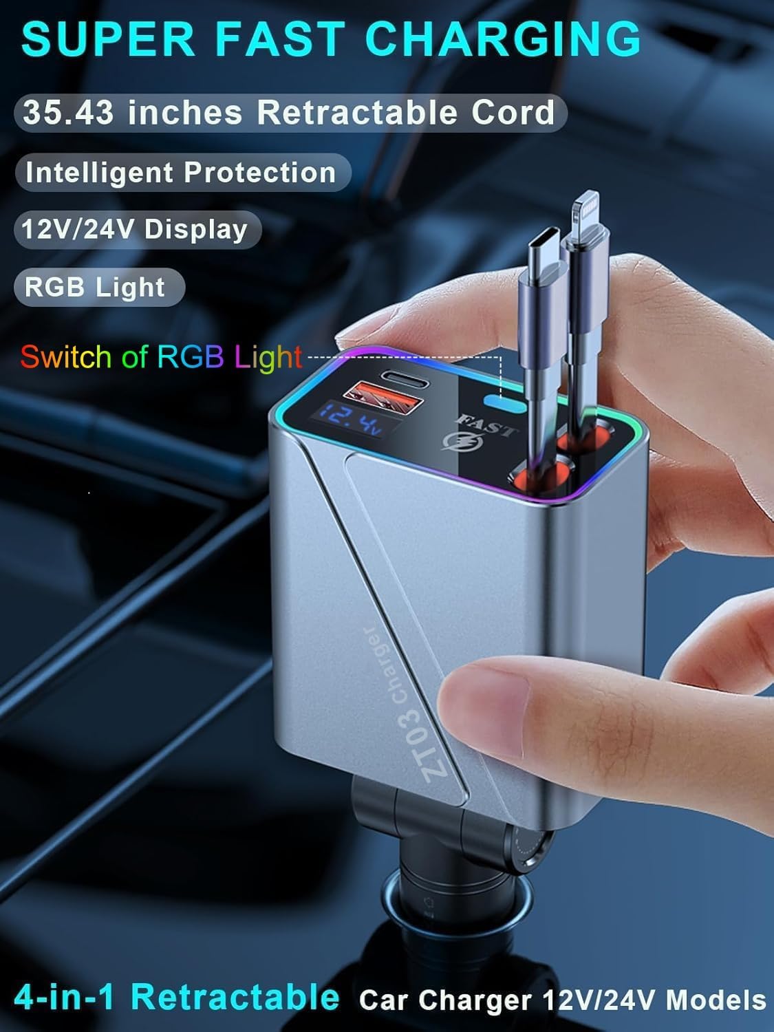 4 in 1 Retractable USB C Car Charger Adapter - 146W/65W Fast Charging, 35.43in Cord, Gift for Men & Women, Compatible with iPhone 16/15/14/13/12 & Android