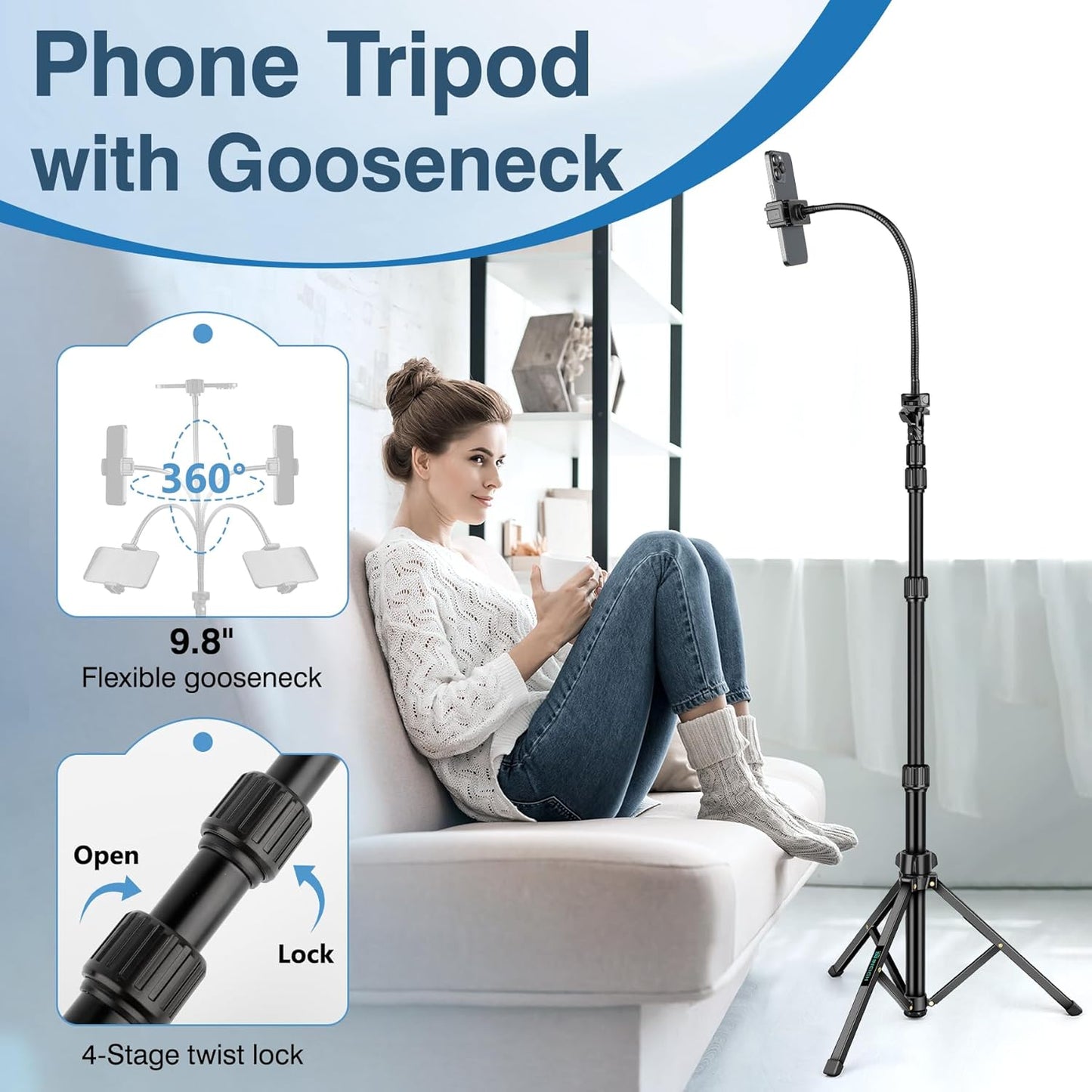 82" Tripod for iPhone,Phone Tripod Compatible with Smartphone/Camera/Gopro,Tall iPhoneTripod with 9.8" Gooseneck and Remote,Cell Phone Tripod Stand for Video Recording Selfies Vlogging