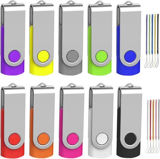 32GB Flash Drive 10 Pack, Wooolken USB 2.0 Thumb Drive Bulk Pen Drive Metal Swivel Memory Stick 32 GB 10 Colors Multipack Value Zip USB Drives with Lanyard