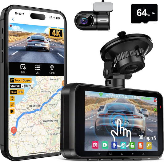 4K Dash Cam Front and Rear STARVIS 2 IMX675 & IMX307 Dual HDR, 4" Touch Screen Dash Camera Built-in GPS 5G WiFi, Car Camera with 64G Card, Voice Control, Night Vision, Parking Mode V100-2CH