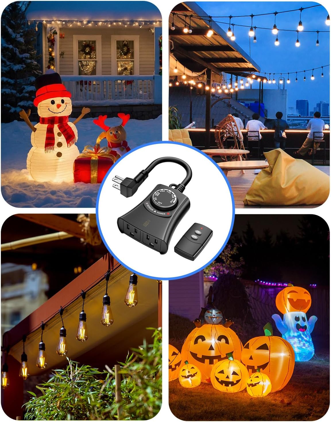 HBN Outdoor Light Timer with Remote Control, Waterproof Light Sensor Timer, 100 ft Wireless Range, 2 Grounded Outlets for Christmas Lights, 15A 1/2HP Heavy Duty