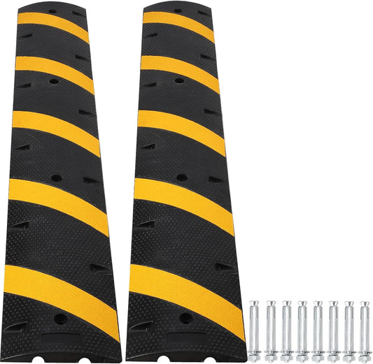 Heavy Duty Speed Bumps for Driveway, 6 ft 2 Pack Rubber Speed Bumps, 2 Channel Modular Traffic Speed Bump Hump Cable Protector Ramps for Asphalt Concrete Gravel Driveway Road with 8 Bolt Spikes