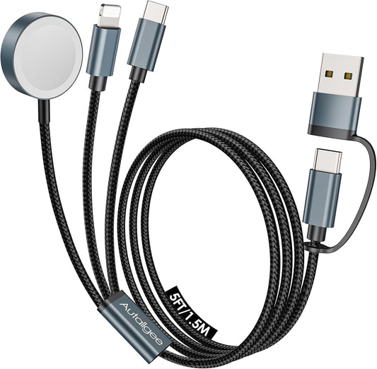 5FT iWatch Charger 3 in 2 for Apple Watch Charger Travel Essentials Multi Charging Cable Fast Charging Compatible with iWatch Series 10 /Ultra/SE/9/8/7/6/5/4/3/2/1 & iPhone 16/15/14/13/SE/Galaxy S24