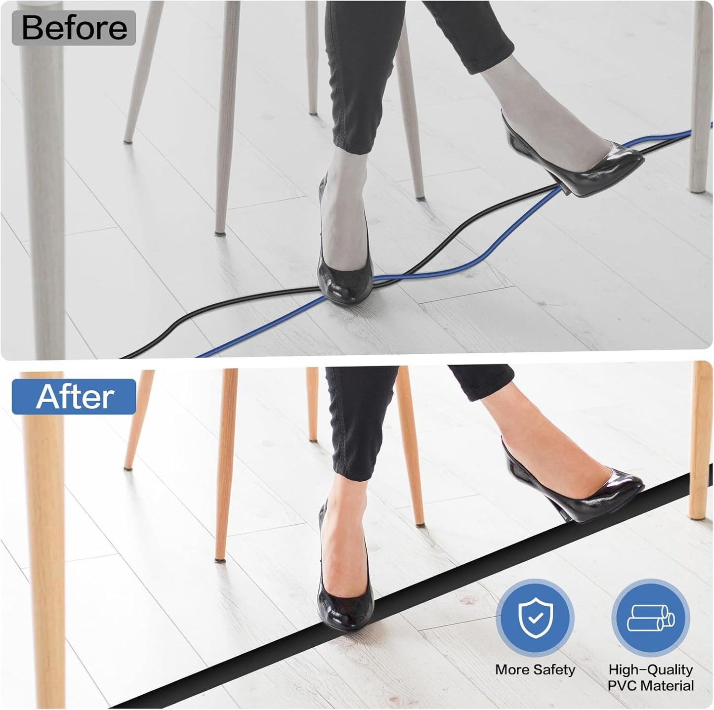 Floor Cord Cover Self Adhesive Cord Hider Floor Extension Cord Covers for Floor Power Cord Protector Cable Management Prevent Cable Trips Cable Cavity 0.32" W x 0.32" H (Black, 20Ft)