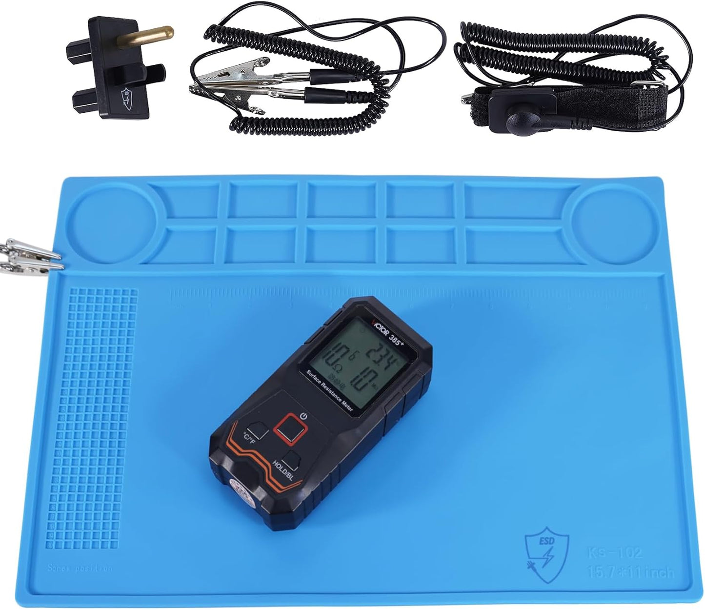 Kaisi Anti-Static Mat with ESD Wrist Strap and Grounding kit, Silicone Soldering Repair Work Mat 932°F Heat Resistant ESD Safe pad for Electronic, Phone, iPhone, iPad, iMac, Laptop, Computer, Watch