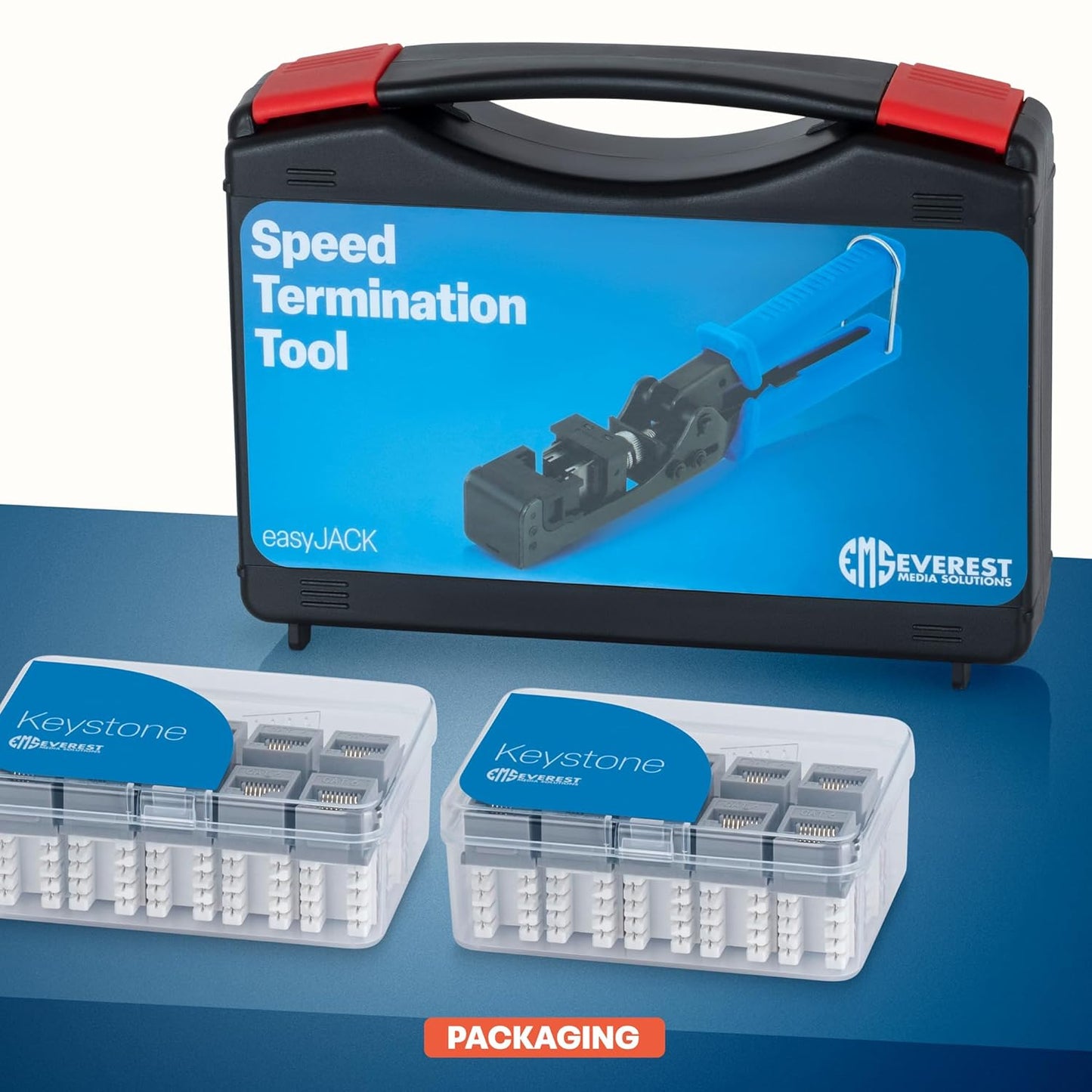 Everest easyJACK - 90° Angled Speed Termination Keystone Tool Set - with 20-Pack of RJ45 Cat6 Keystone Jacks in Gray (Slim Profile Design) - Time Saver Network Punch Down Tool Cat6