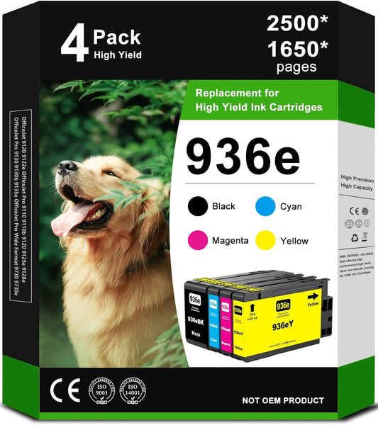 936e Ink Cartridges (with Chip) High Yield Combo 4-Pack Compatible for HP 936e 936 Ink Cartridges for OfficeJet Pro 9125e 9135e 9128e 9122e 9130b Wide Format 9730e Printers (BKCMY)