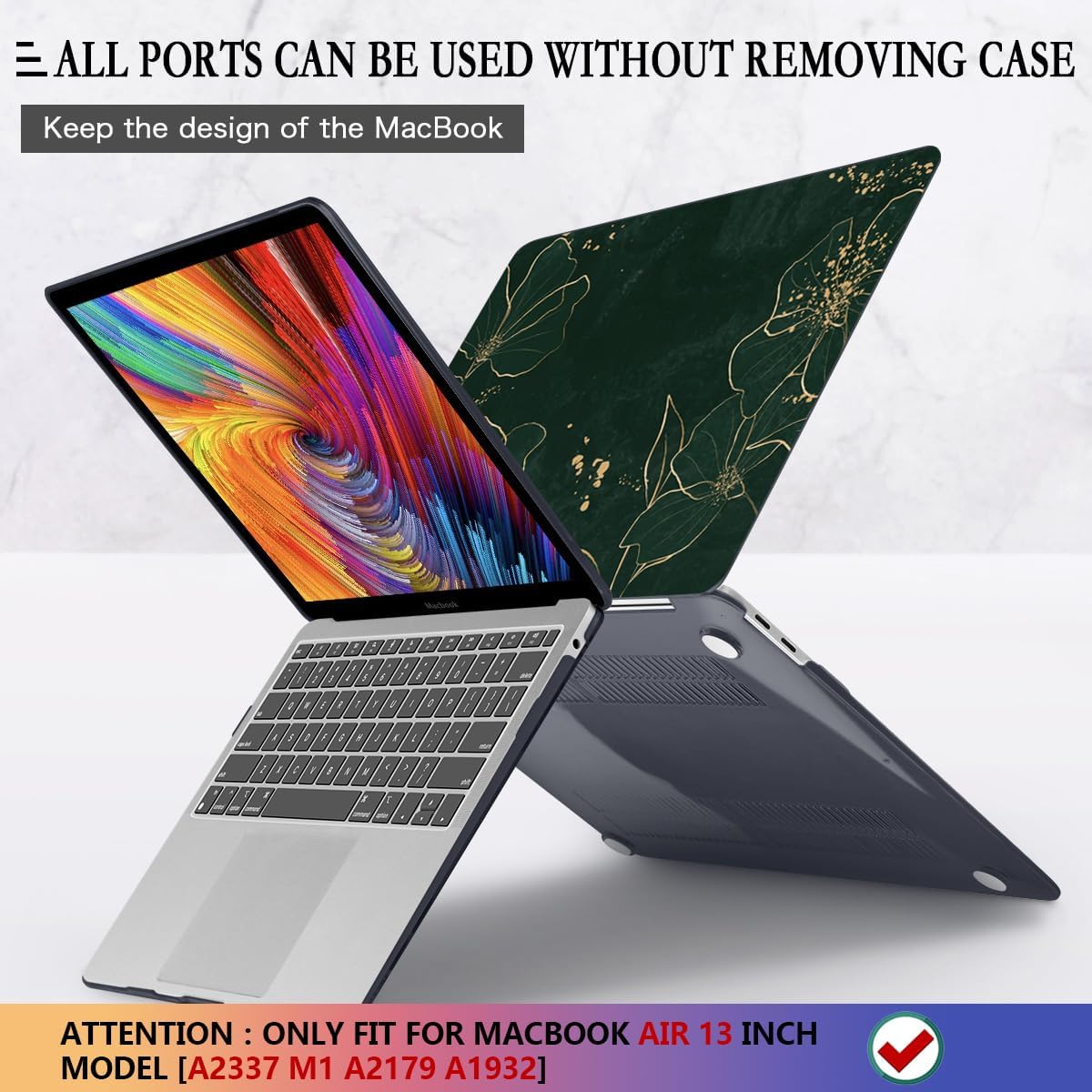 CISSOOK Case for MacBook Air 13 inch 2021 M1 A2337 A2179 A1932, Hard Shell Case+ Keyboard Cover+ Screen Protector for New MacBook Air 13 with Retina Display and Touch ID 2022-2018, Elegant Gold Lotus