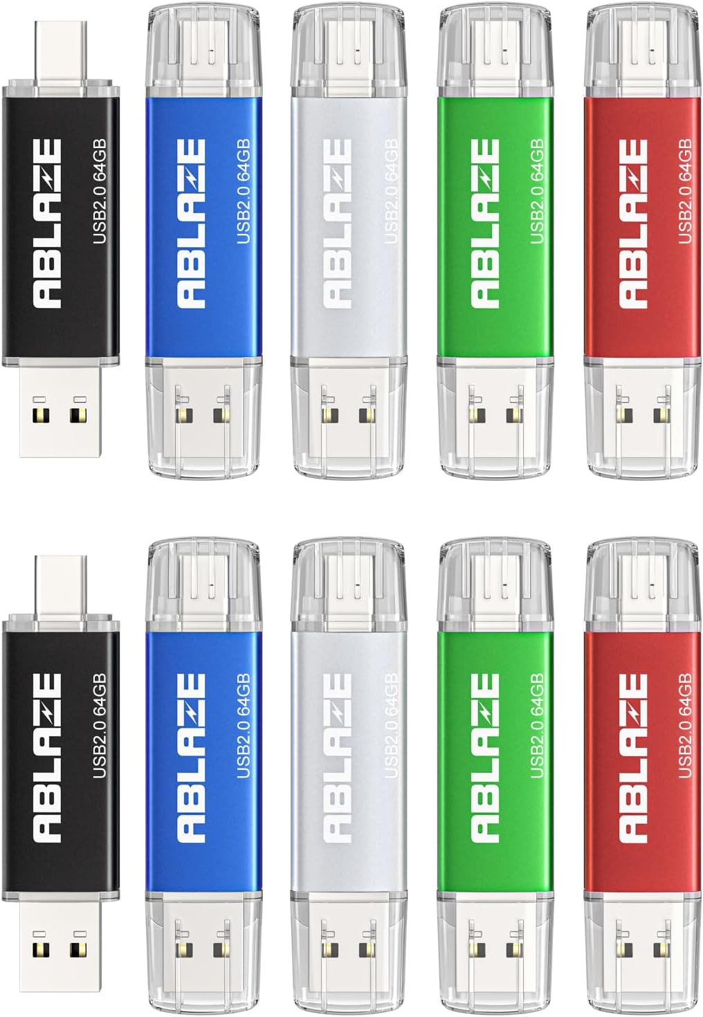 ABLAZE 64GB Type C Flash Drive 10 Pack, Dual USB 2.0+USB C Memory Stick Thumb Drive Compatible with iPhone 16/15, Android Smartphone, Computers, Tablets, Mac,iPad,PC