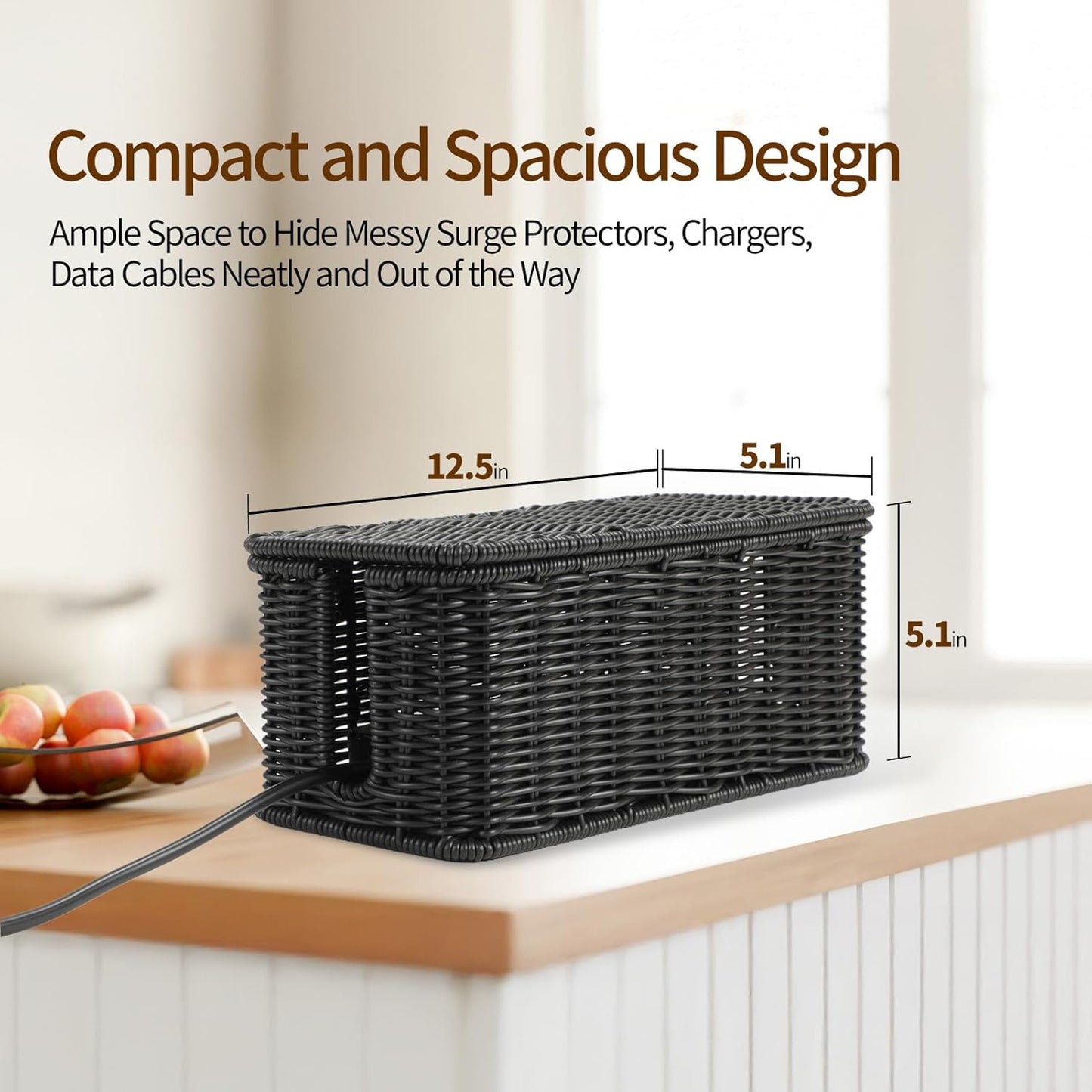 Delamu Handmade Rattan Cable Management Box, Cord Organizer with 2 Open Slots, Desk Cord Hider Box for Computer Router USB Hub Power Strip, 12.5" Lx 5.1" Wx 5.1" H, Black