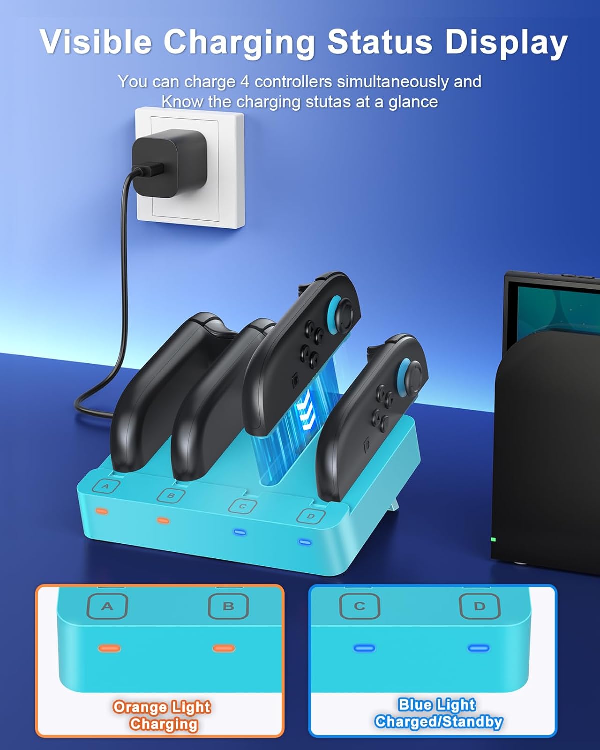 Charger for Nintendo Switch 2 and Switch 1 Controller, Horizontal Charging Dock Station for Joy con and for Joycon 2 Accessories with Foldable Storage Stand (Blue)