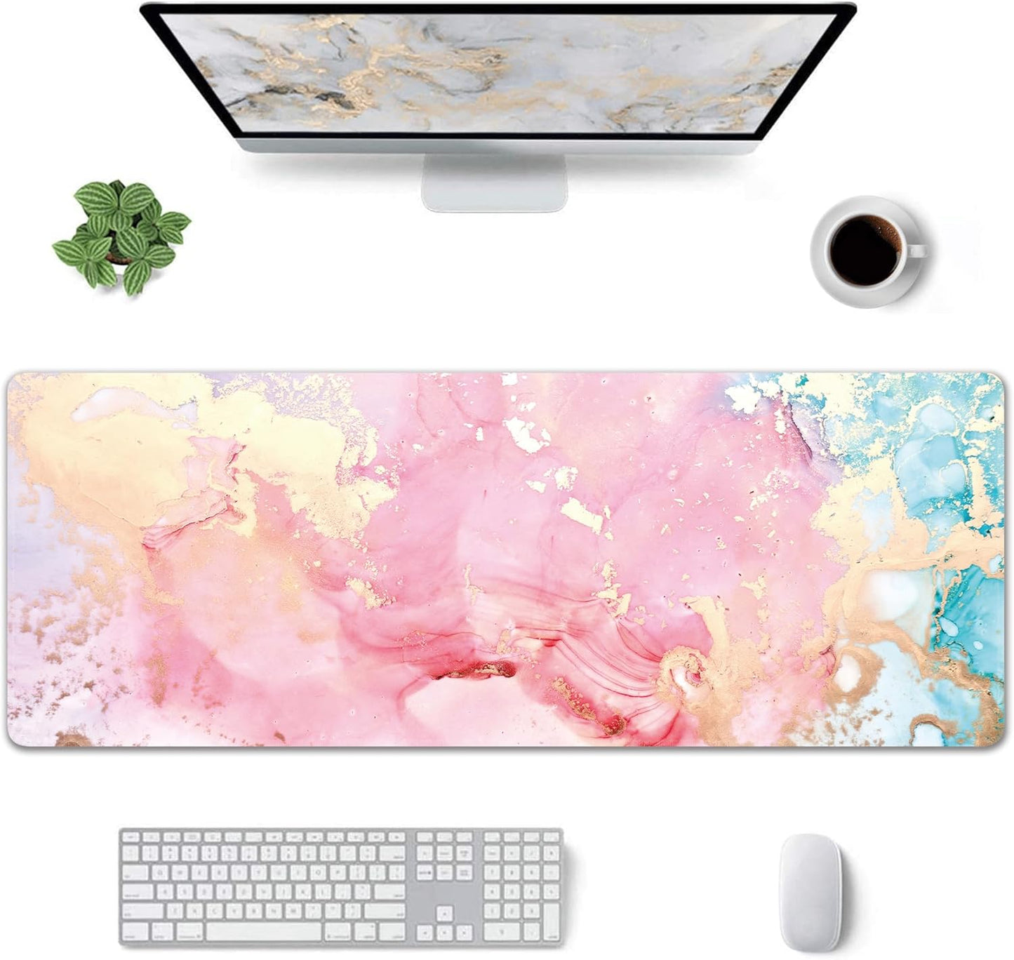 Cute Pink Marble Large Mouse Pad,Gaming Keyboard Desk Pad,Extended Mouse Mat Non-Slip Rubber Base with Stitched Edges for Office Game Home XL 31.5"x11.8"