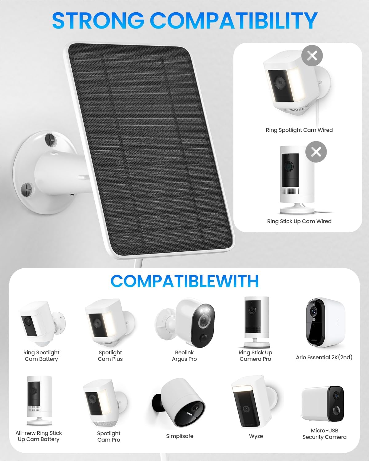 5W Solar Panel for Ring Camera, Solar Panel Charger Compatible with Ring Spotlight Plus/Pro Stick Up Outdoor Cam Battery, 9.8ft Cable with USB-C to Barrel Plug Adapter & Micro-USB Adapter, 4 Pack