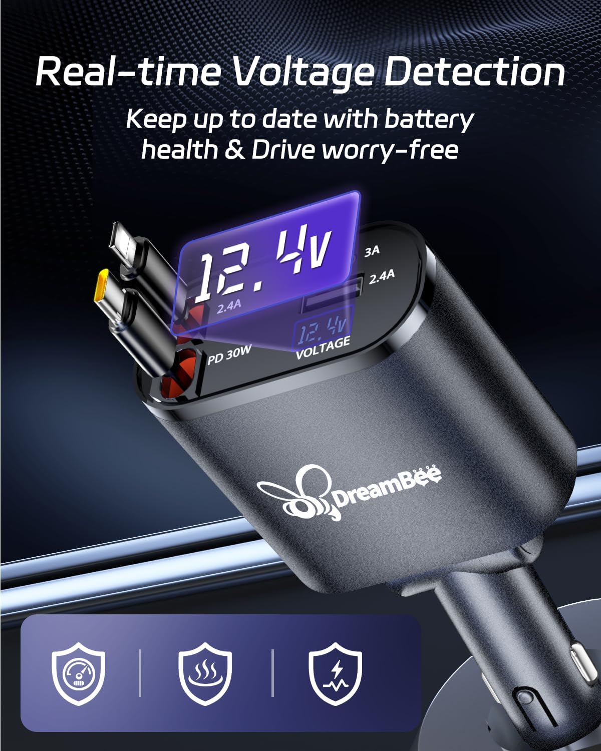 DreamBee Retractable Car Charger,66W 4 in 1 Super Fast Charge Car Phone Charger,Gifts for Men Women Car Truck Accessories for iPhone 15/14/13/12 Pro Max XR,iPad,Samsung,Pixel