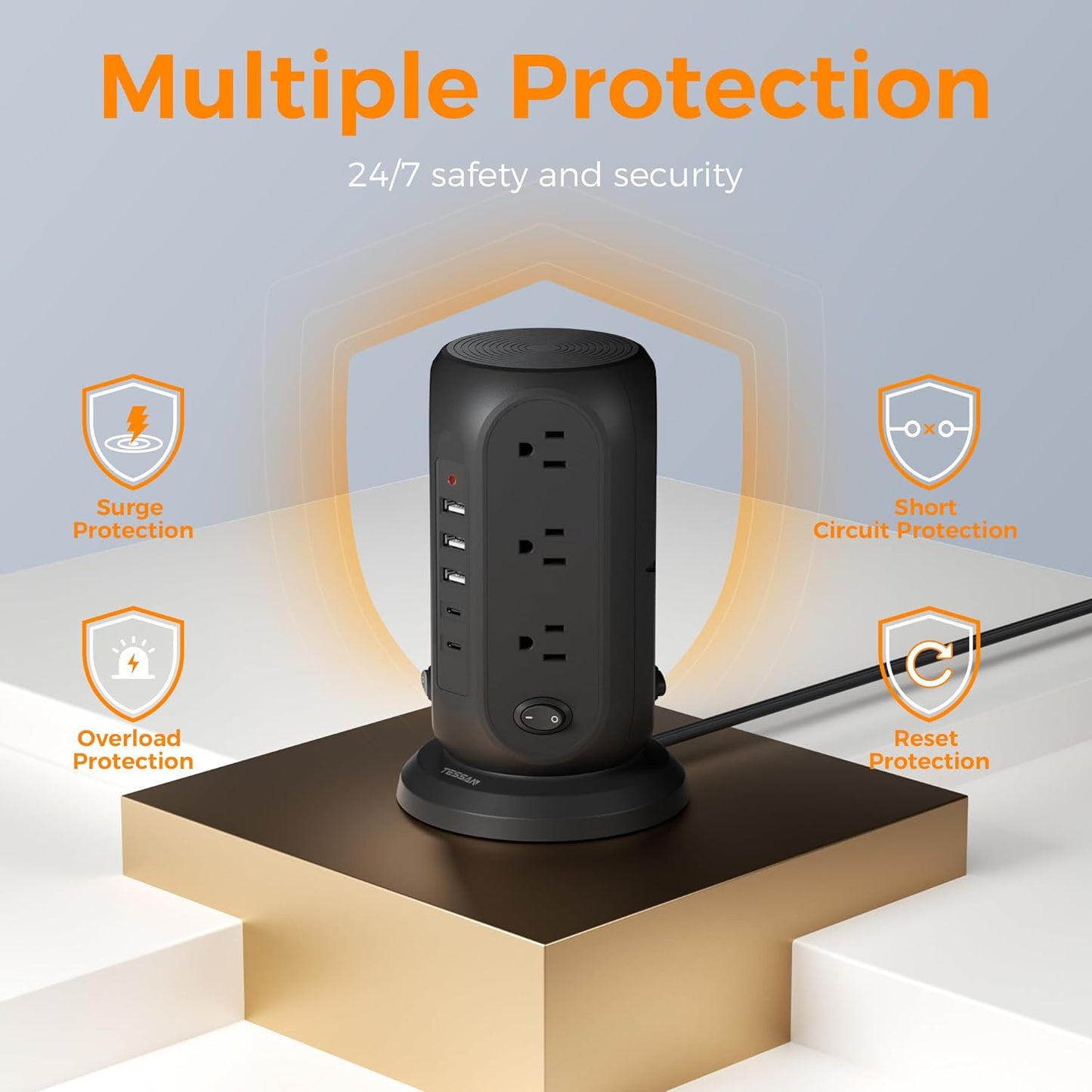 Black Surge Protector Power Strip with 4 Individual Switches, TESSAN USB C Charging Station Power Tower with Flat Extension Cord 10 Ft, 12 Outlets Black Extension Cord, Dorm Room, Office Accessories