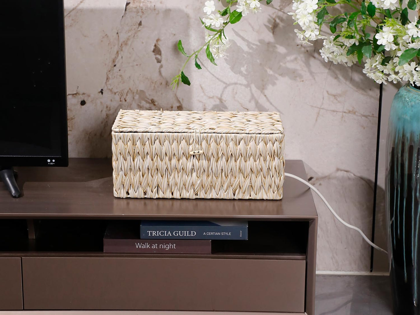 Cable Management Box,Boho Decorative Handwoven 2 Open Slots Cord Organizer Hider Box with Lid for TV Wires, Computer, Router, USB Hub and Under Desk Power Strip