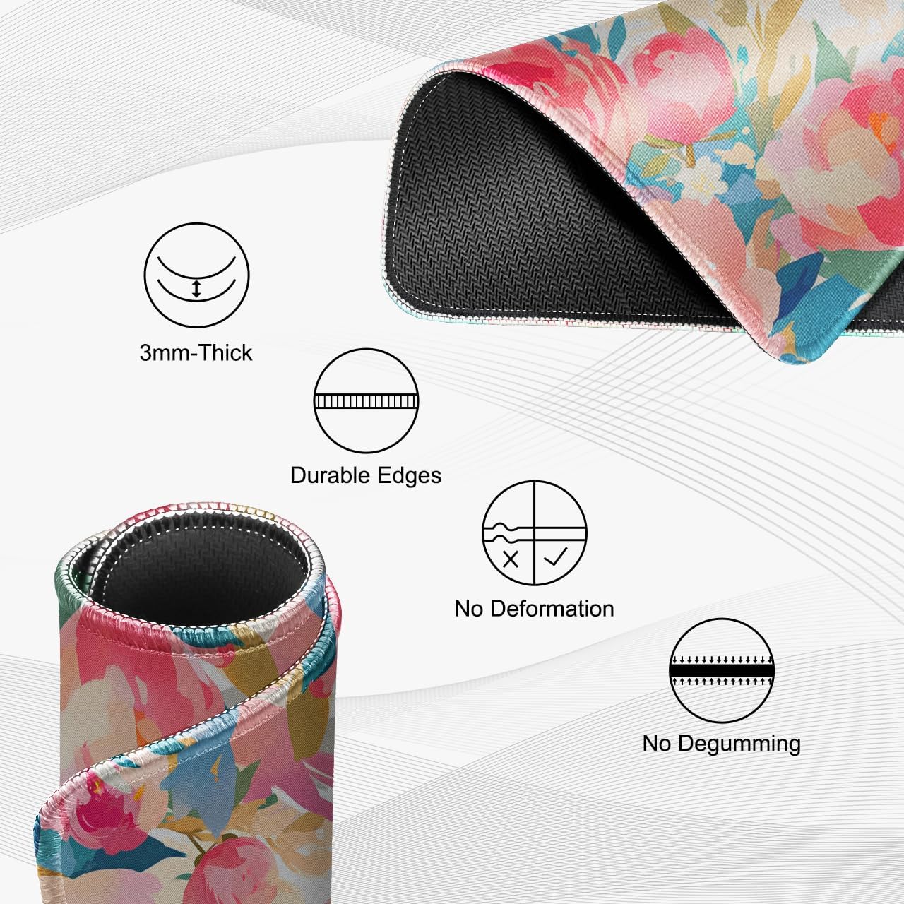 JIKIOU 3 Pack Mouse Pad with Stitched Edge, Comfortable Mouse Pads with Non-Slip Rubber Base, Washable Mousepads Bulk with Comfortable Cloth, Mouse Pads for Computers Laptop 10.2x8.3inch Multi Peony