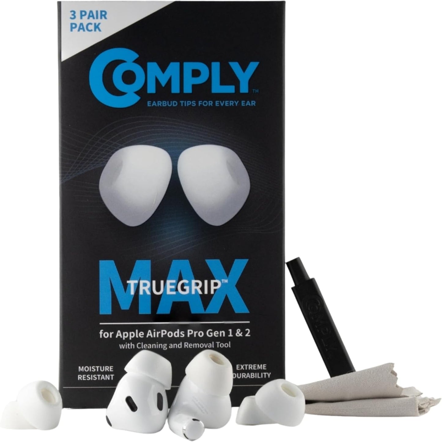 Comply TrueGrip MAX | Premium Memory Foam Replacement Earbud Tips for Apple AirPods Pro 1 & 2 | Long Lasting Comfort, Extreme Durability, Secure Fit, Superior Noise Isolation| White (S/M/L) (3 Pairs)