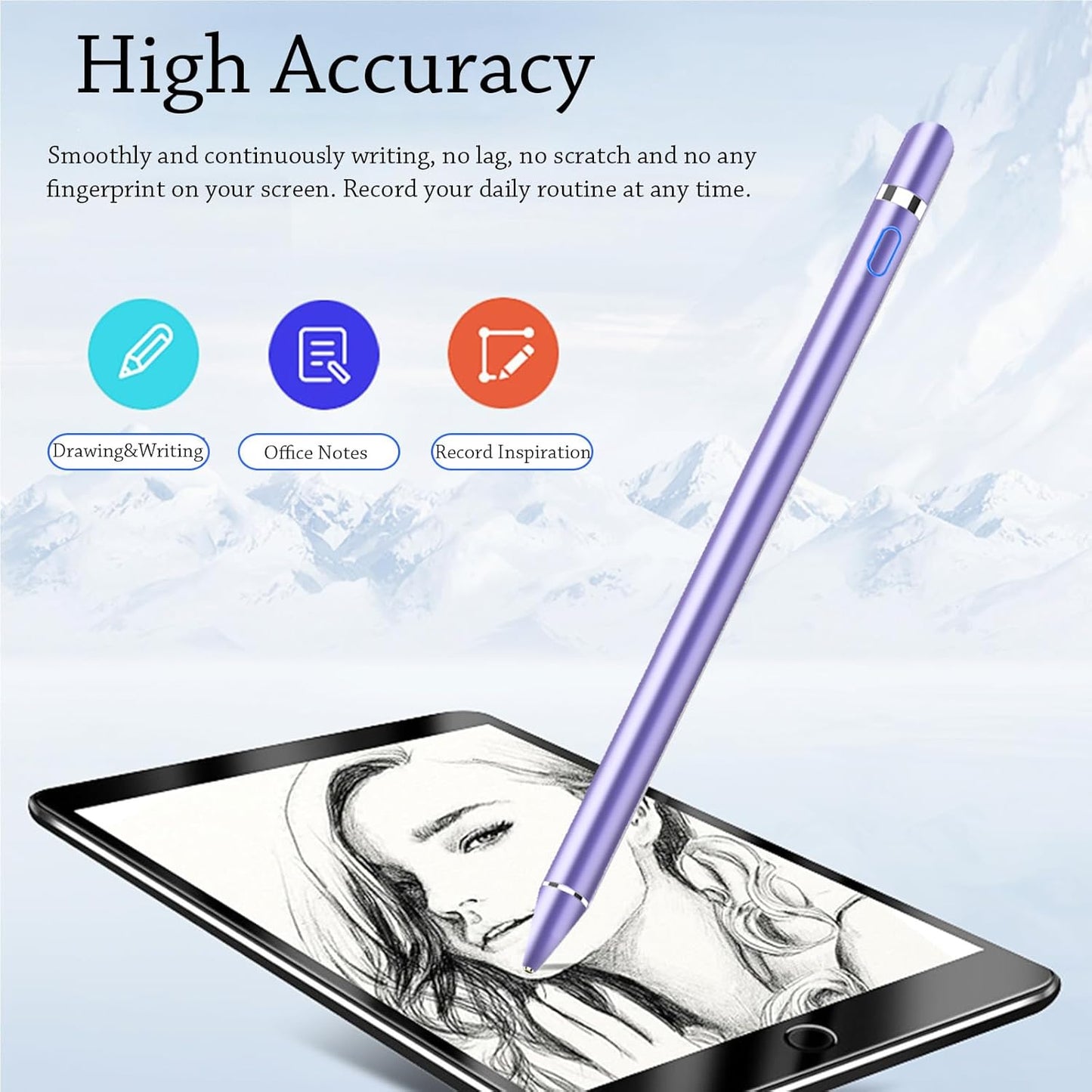 DOGAIN Active Stylus Pen for Touchscreen, iPad Pencil 1.5mm Fine Point Pen, Digital Pens Rechargeable for Tablet, Stylus Pens Compatible with iPad Air/Mini/Pro/Android/iPhone and Most Device - Purple