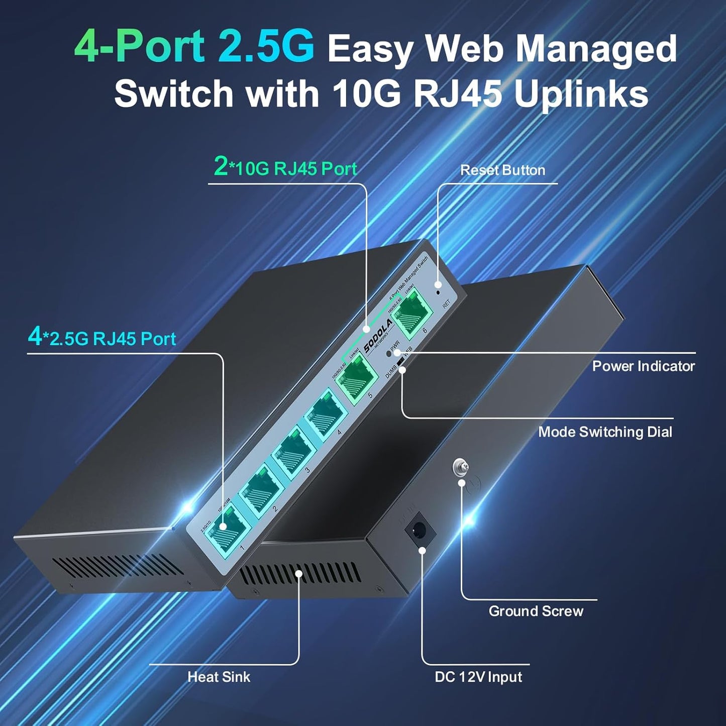 SODOLA 2.5Gb Easy Web Managed Switch, 2x10GBase-T Ports and 4x2.5GBase-T Ports, Full RJ45 Managed Ethernet Switch with Link Aggregation,VLAN,IGMP, 2.5G 10G Network Home-lab Switch