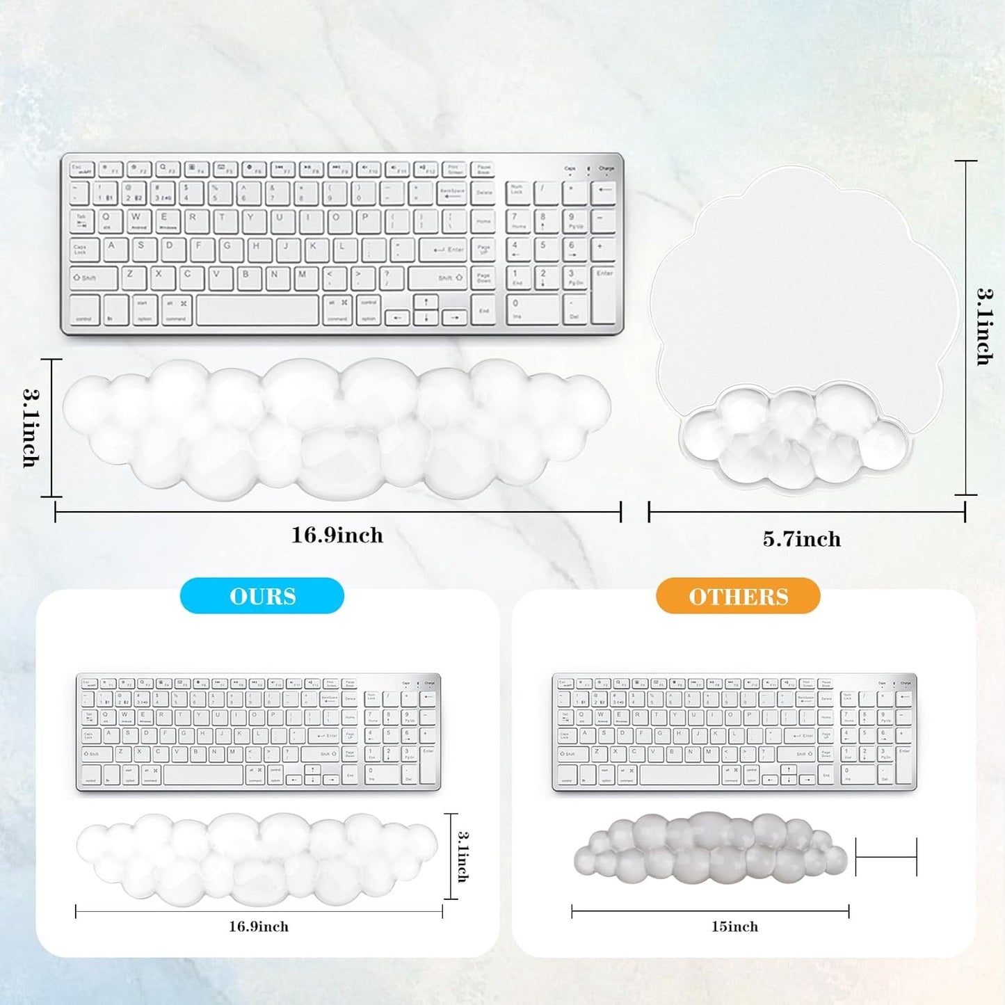 Gel Cloud Keyboard and Mouse Wrist Rest, Cute Wrist Support and Arm Support Rest for Typing Pain Relief，Suitable for Office/Computer/Laptop/Gaming Set-White