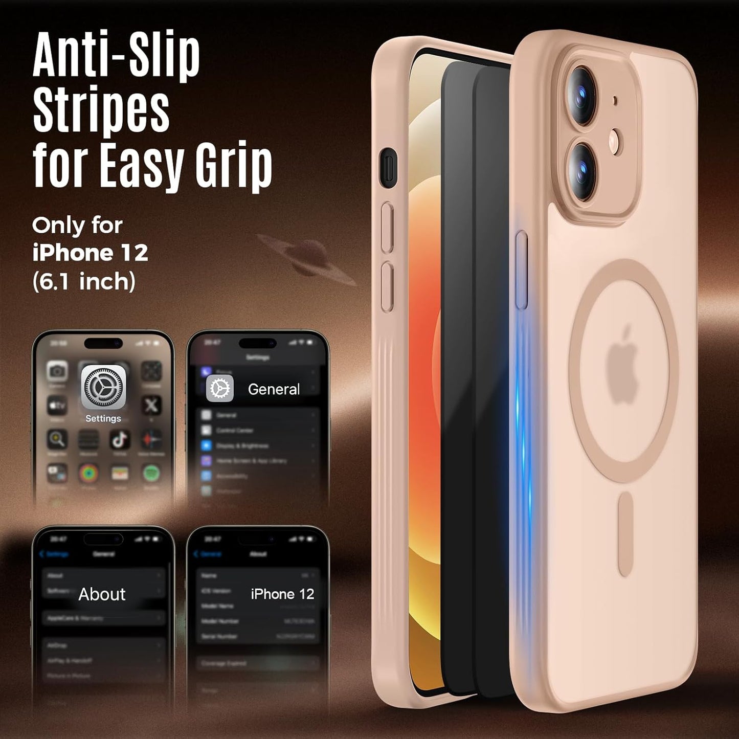 Designed for iPhone 12 Case, Compatible with MagSafe, with Privacy Screen Protectors X2, [Camera Protection] [15FT Military Drop Protection] Shockproof Phone Case, 6.1", Light Brown