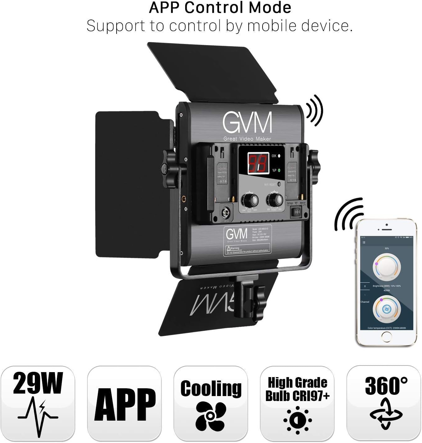 GVM Led Bi-Color Video Lights with APP Function, Variable CCT 2300K-6800K and 10%-100% Brightness with Digital Display for Video Studio Shooting, CRI97+ TLCI97 Led Light Panel +Barndoor