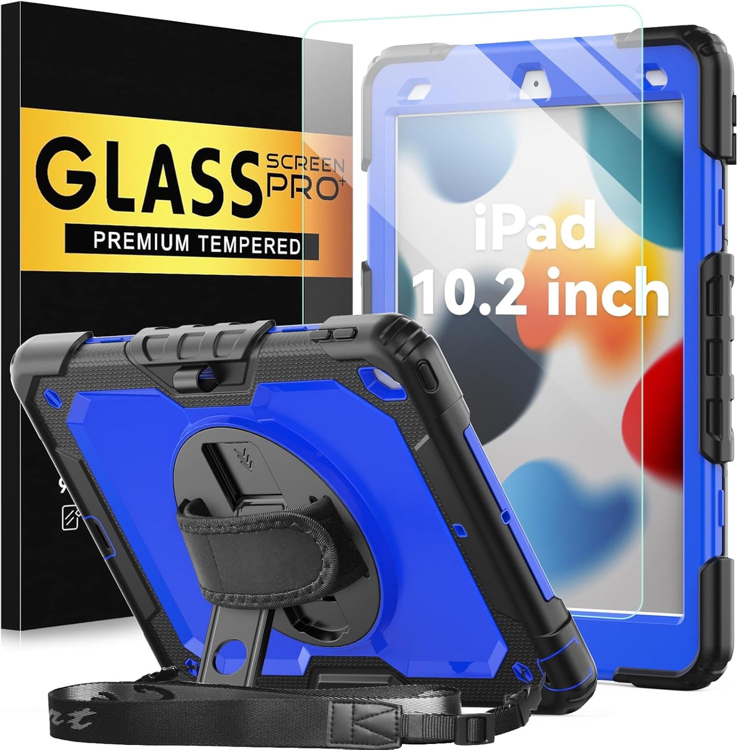 BLOSOMEET Case for iPad 8th 9th Generation 2020 2021 10.2 Inch with Tempered Glass Screen Protector & Pencil Holder,Rugged iPad 7th Gen 10.2 Case Cover 2019 w/Stand Hand Shoulder Strap,Blue
