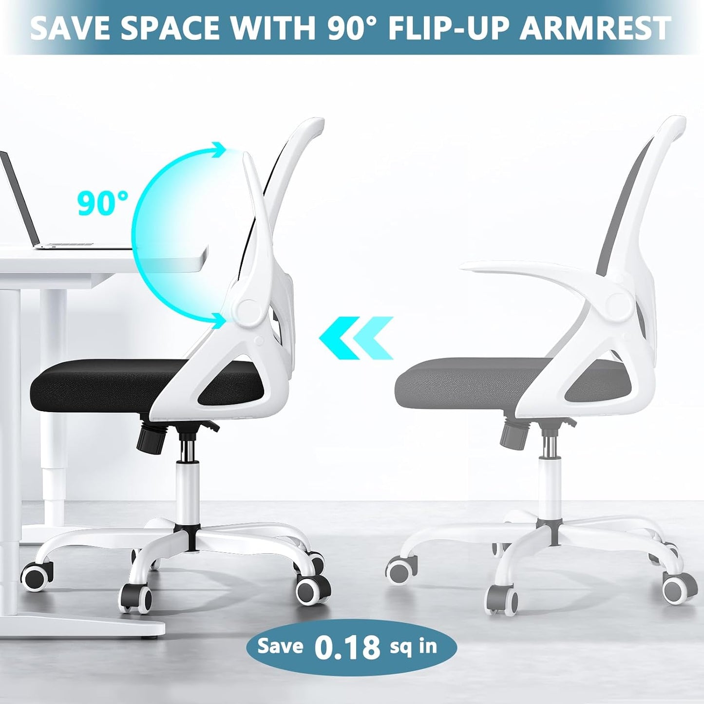 Home Desk Chair with Back Supportive Lumbar Support, Breathable Double Mesh Cushion Home Desk Office Chair with Flip up Arms, Modern Ergonomic Home Desk Office Chair for Work(White)