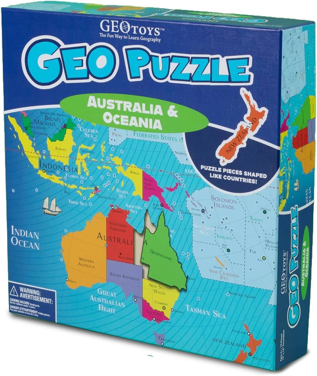 GeoToys GeoPuzzle, Australia & Oceania Shaped Jigsaw Puzzles, 70 Pc Geography Puzzle, Geography Game, Map Puzzle - Jigsaw Puzzles for Kids Ages 6-9 Years Old