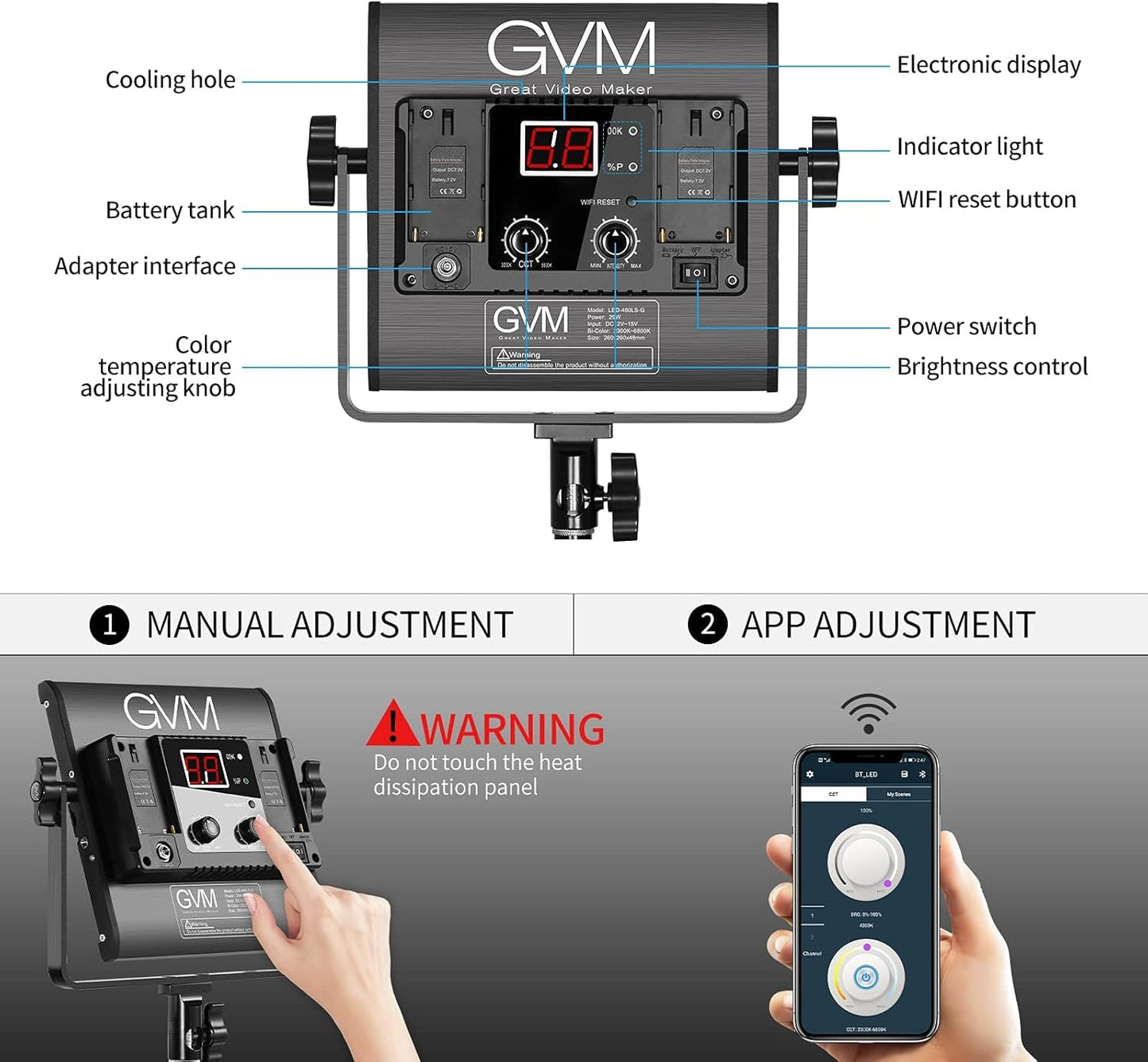 GVM 2 Pack LED Video Lighting Kits with APP Control, Bi-Color Variable 2300K~6800K with Digital Display Brightness of 10~100% for Video Photography, CRI97+ TLCI97 Led Video Light Panel +Barndoor