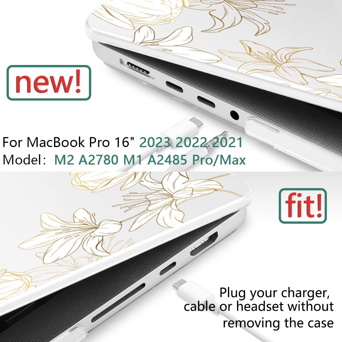DONGKE for M4 MacBook Pro 16 Inch Case 2024 2023 2021 A3403 A3186 M3 A2991 M2 A2780 M1 A2485 Pro/Max Chip, Plastic Hard Shell Case & Keyboard Cover for Mac Pro 16 with Touch ID, Gold Floral