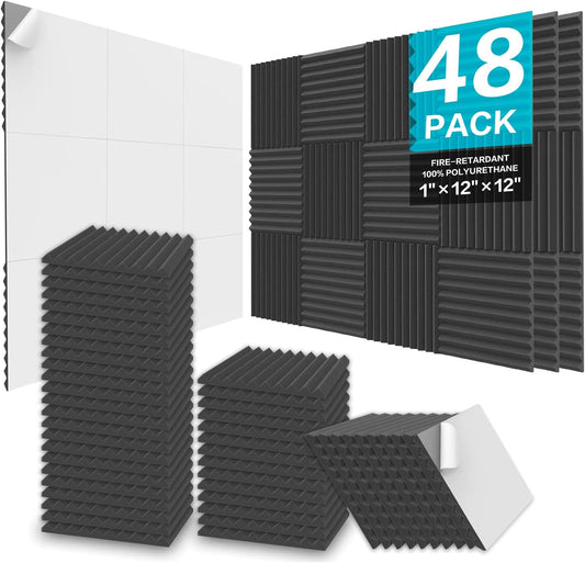 JBER Acoustic Foam Panels, 48 Pack 12x12x1 Inch Upgraded Self-Adhesive Soundproof Wall Panels Sound Absorbing Panel Treatment for Home Office Studio - Black