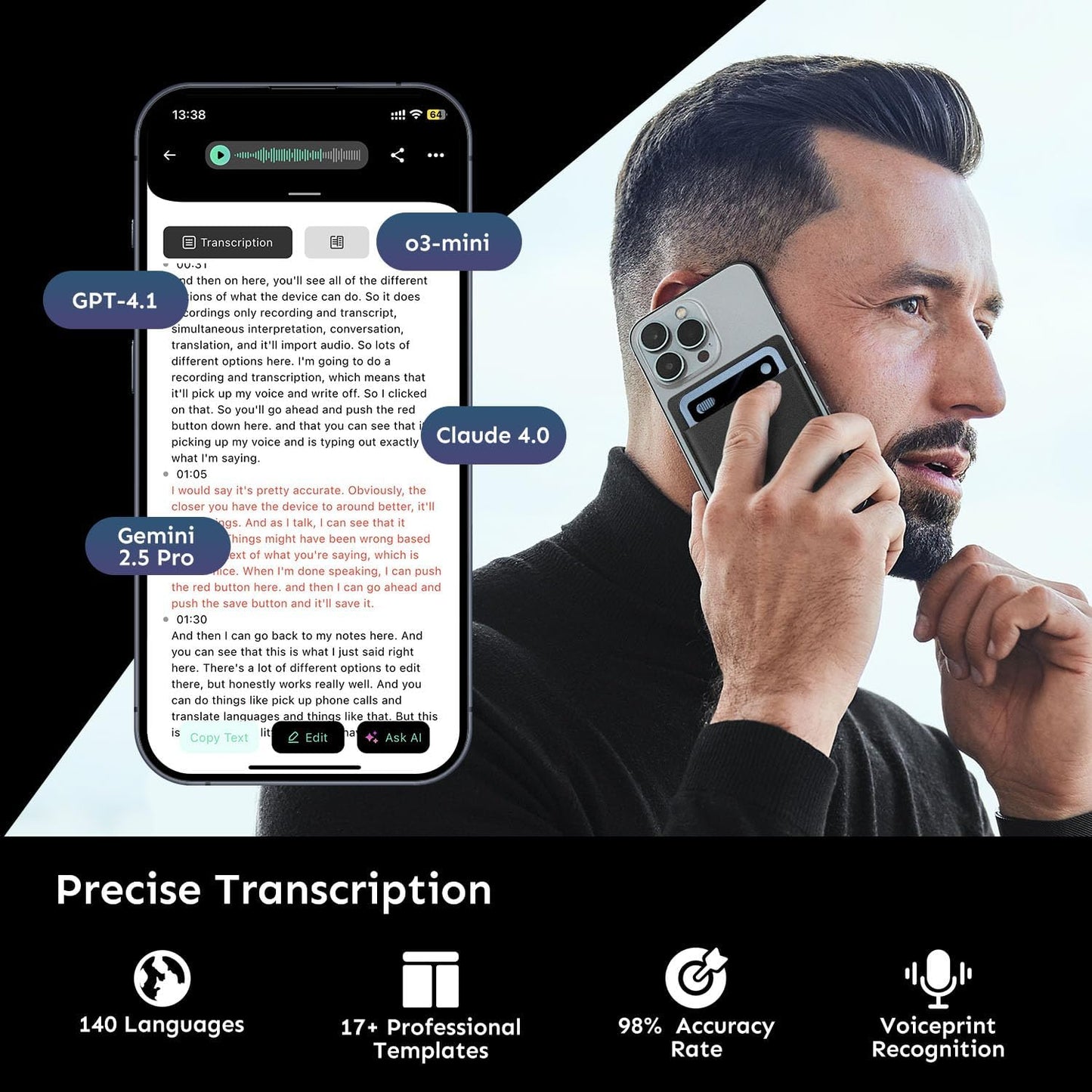 AI Voice Recorder, Transcribe & Summarize with AI Technology, Note Voice Recorder with App Control, Support 140 Languages, 64GB Memory, Audio Recorder for Lectures, Meetings, Calls(Blue)